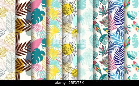 Seamless pattern collection with colorful hand drawn summer tropical leaves Stock Vector