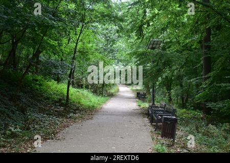 Solar panels in the park. Small solar panels for lightning in the public park. Environmental sustainability. Stock Photo