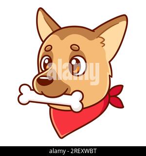 Funny cartoon dog portrait drawing with bone and red bandana. Cute German shepherd vector illustration. Stock Vector