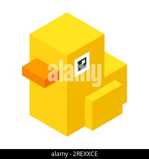 Cute yellow rubber ducky in pixel isometric 8-bit style for video game. Simple cartoon toy duck vector illustration. Stock Vector