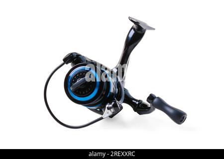 Inertialess fishing reel for spinning isolated on white background Stock Photo