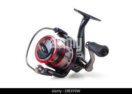 Inertialess fishing reel for spinning isolated on white background Stock Photo