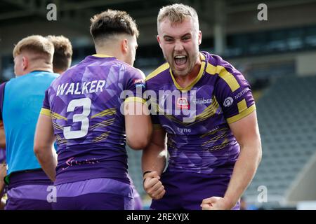Newcastle, UK. 11th June, 2023. Connor Bailey of Newcastle Thunder celebrates Boafo's late winner during the BETFRED Championship match between Newcastle Thunder and Swinton Lions at Kingston Park, Newcastle on Sunday 30th July 2023. (Photo: Chris Lishman | MI News) Credit: MI News & Sport /Alamy Live News Stock Photo
