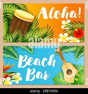 Aloha, Beach Bar letterings set, tropical plants, ukulele, drum Stock Vector