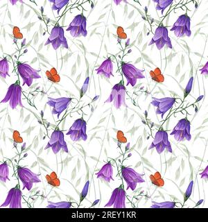 Blooming campanula, wild oats, flying butterflies. Floral seamless pattern isolated on white background. Watercolor illustration for poster, scrapbook Stock Photo