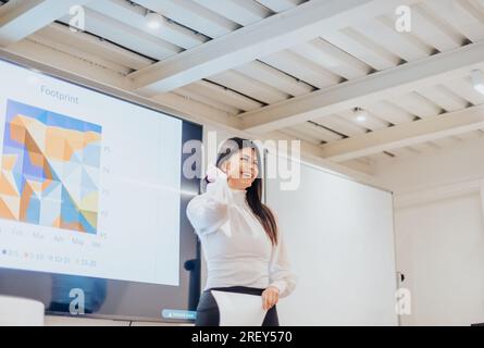Muslim businesswoman holding the documents and presenting the sales and giving a speech in the conference room Stock Photo