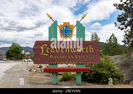 Leavenworth, WA USA June 21, 2023 - Welcome to Leavenworth sign greets visitors as they enter town Stock Photo