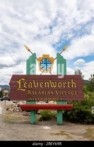 Leavenworth, WA USA June 21, 2023 - Welcome to Leavenworth sign greets visitors as they enter town Stock Photo