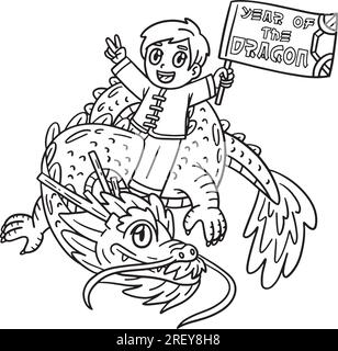 Year of the Dragon Child Riding a Dragon Coloring Stock Vector Image ...