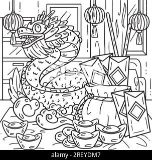 Year of the Dragon Statue and Angpao Kids Coloring Stock Vector