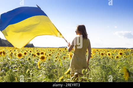 yellow-blue satin flag of Ukraine in the hands of a woman against the backdrop of blooming field of sunflowers Stock Photo