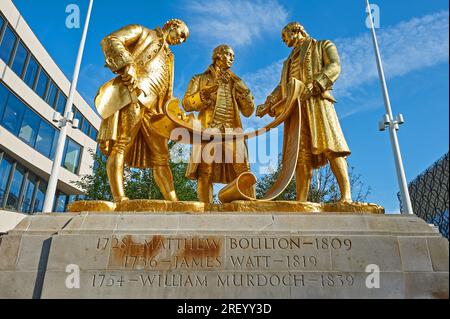 Statue of "The Golden Boys", James Watt, William Murdoch and Matthew Boulton -  pioneers of the industrial revolution in central Birmingham. Stock Photo
