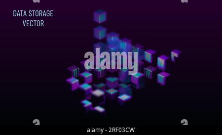 Data warehouse visualization. Glowing cubes from dots illuminated by cold light. Realistic shadows. Depth of field. Abstract background. Stock Vector