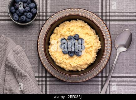 Food photography of millet porridge; blueberry; fibre; ripe; vegan; lifestyle; dish; berry; homemade; ingredient; grain; morning; cereal; Stock Photo