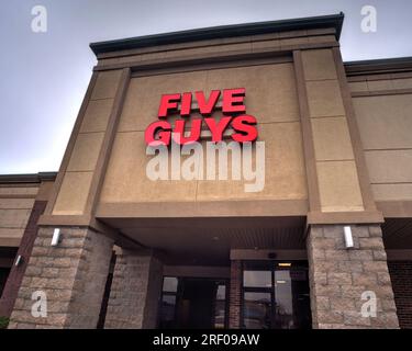 Springfield, Missouri - February 17, 2020:  Five Guys Restauraut an American international fast food restaurant franchise that sells custom hamburgers Stock Photo
