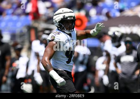 Baltimore Ravens linebacker Tavius Robinson (95) runs during an