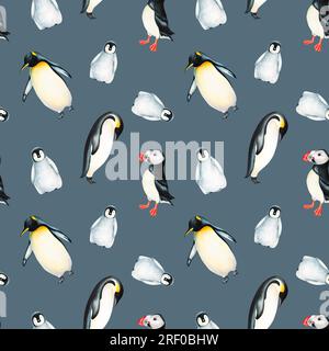 Watercolor seamless pattern with king penguins family and puffin bird isolated. Hand painting realistic Arctic and Antarctic ocean mammals. For design Stock Photo