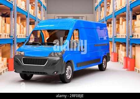Warehouse with delivery van and pallet racks full of cardboard boxes and parcels around, 3D rendering Stock Photo