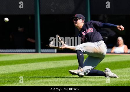 Cleveland Guardians right fielder Will Brennan greets teammates after the  ninth inning of a baseball game against the Detroit Tigers, Wednesday,  April 19, 2023, in Detroit. (AP Photo/Carlos Osorio Stock Photo - Alamy