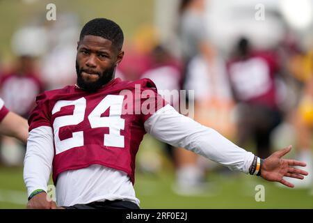 August 3rd 2023: Washington Commanders safety Terrell Burgess (24) warms up  prior to the Washington Commanders training camp practice at the  OrthoVirginia Training Center in Ashburn, Va. Reggie Hildred/CSM (Credit  Image: ©