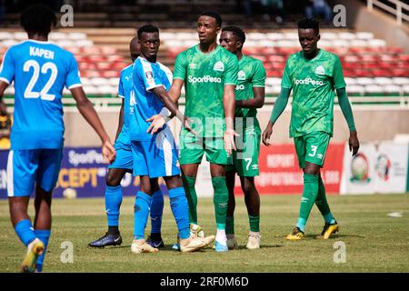 Nairobi, Kenya. 25 Jun 2023.  Emery BAYISENGE (DF, Gor Mahia) flags to the referee about Nairobi City Stars player interference ahead of a free kick.  Nairobi City Stars v Gor Mahia, Kenyan Premier League.  Gor Mahia won 4-1, becoming Champions of the Kenyan Premier League. Kasarani Stadium. Credit: XtraTimeSports (Darren McKinstry) / Alamy. Stock Photo