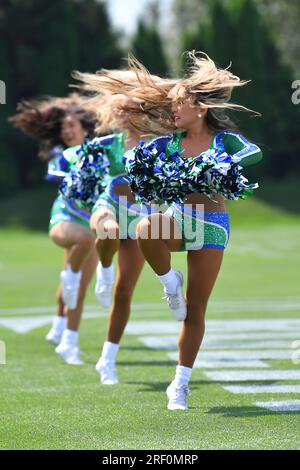 Renton, WA, USA. 30th July, 2023. The Seahawks Dance Team performs during the Seattle Seahawks training camp in Renton, WA. Steve Faber/CSM/Alamy Live News Stock Photo