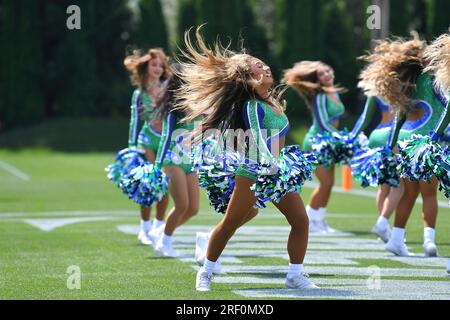 Renton, WA, USA. 30th July, 2023. The Seahawks Dance Team entertains the crowd during the Seattle Seahawks training camp in Renton, WA. Steve Faber/CSM/Alamy Live News Stock Photo