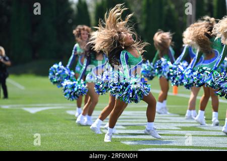 Renton, WA, USA. 30th July, 2023. The Seahawks Dance Team performs during the Seattle Seahawks training camp in Renton, WA. Steve Faber/CSM/Alamy Live News Stock Photo