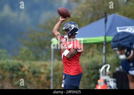 Renton, WA, USA. 30th July, 2023. Seattle Seahawks quarterback Geno Smith (7) during the Seattle Seahawks training camp in Renton, WA. Steve Faber/CSM/Alamy Live News Stock Photo