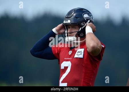 Renton, WA, USA. 30th July, 2023. Seattle Seahawks quarterback Drew Lock (2) during the Seattle Seahawks training camp in Renton, WA. Steve Faber/CSM/Alamy Live News Stock Photo