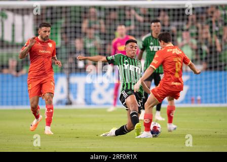 FC Juarez player LUIS RODRIGUEZ (28) celebrates a goal during the second  half of a Leagues Cup soccer match at Austin's Q2 stadium on July 29, 2023. FC  Juarez dominated the action