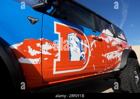 The Denver Broncos alternate helmet is on display for fans during NFL  Welcome Back festivities at the team's training camp Saturday, July 29,  2023, in Centennial, Colo. (AP Photo/David Zalubowski Stock Photo 