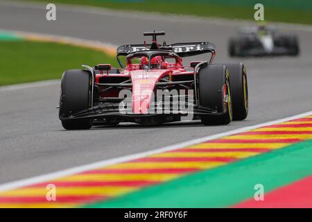 Stavelot, Belgium. 30th July, 2023. Ferrari's Monegasque driver Charles Leclerc competes during the Race session of the Formula 1 Belgian Grand Prix 2023 at the Circuit of Spa-Francorchamps, Stavelot, Belgium, July 30, 2023. Credit: Zheng Huansong/Xinhua/Alamy Live News Stock Photo