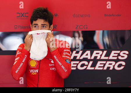 Stavelot, Belgium. 30th July, 2023. Ferrari's Monegasque driver Charles Leclerc reacts prior to the Race session of the Formula 1 Belgian Grand Prix 2023 at the Circuit of Spa-Francorchamps, Stavelot, Belgium, July 30, 2023. Credit: Zheng Huansong/Xinhua/Alamy Live News Stock Photo