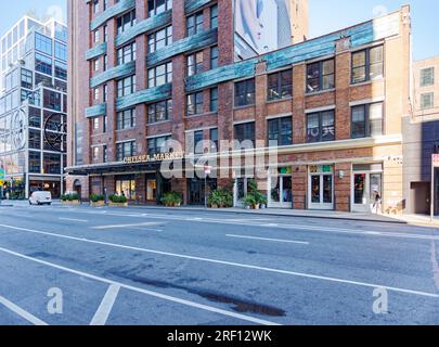 Chelsea Market, a former Nabisco factory and Oreo birthplace, is now a tourist attraction containing restaurants, shops, TV studios and offices. Stock Photo