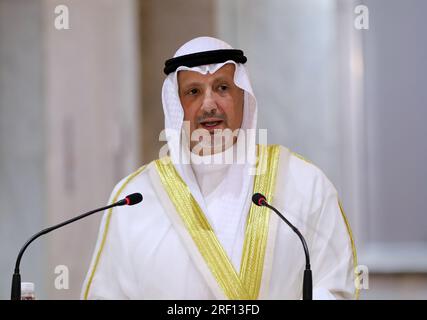 Baghdad, Iraq. 30th July, 2023. Kuwaiti Foreign Minister Sheikh Salem Abdullah Al-Jaber Al-Sabah speaks during a joint press conference with his Iraqi counterpart Fuad Hussein in Baghdad, Iraq, July 30, 2023. Kuwaiti Foreign Minister Sheikh Salem Abdullah Al-Jaber Al-Sabah paid an official visit to Iraq's capital Baghdad on Sunday and held talks with Iraqi leaders in an attempt to end border demarcation and joint oil field disputes. Credit: Khalil Dawood/Xinhua/Alamy Live News Stock Photo