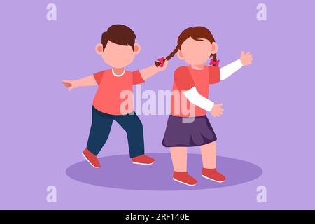 Cartoon flat style drawing of bullying children. Angry little boy pulling girl's hair. She look of shock and pain. Problem of physical bullying at sch Stock Photo