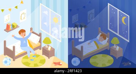 Sleep and wake up boy in bedroom. Kid at early morning, sweet dreams at night. Daily schedule, child healthy sleeping and rest snugly cartoon vector Stock Vector