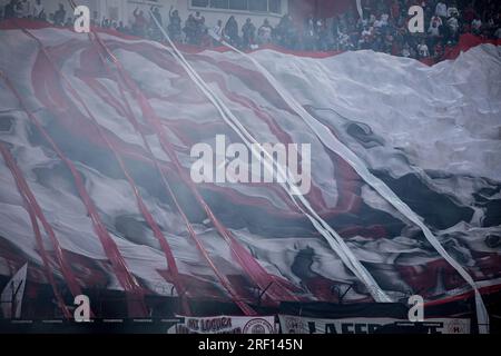 Buenos Aires, Argentina. 30th July, 2023. Huracan flag seen during the match between Huracan and Velez as part of Liga Profesional de Futbol - Fecha 27 at Tomas Adolfo Duco Stadium. Final score: Huracan 1 - 0 Velez Credit: SOPA Images Limited/Alamy Live News Stock Photo