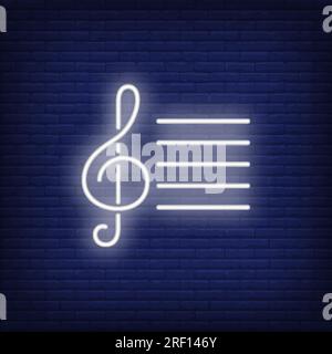 Musical notation with treble clef neon sign Stock Vector