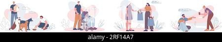 Social help for people on wheelchair, elderly person. Young volunteers helping grandma and grandpa. Charity for animal and poor, kicky vector scene Stock Vector