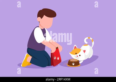 Graphic flat design drawing of smiling little boy kneeling and feeding his kitten with cat food. Adorable kid caring for animal. Kids doing housework Stock Photo