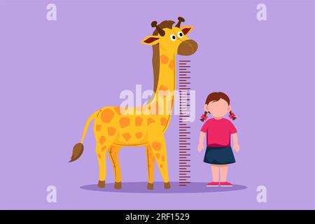 Graphic flat design drawing little girl measuring her height with giraffe height chart on wall. Kids measures growth at kindergarten. Child measuring Stock Photo