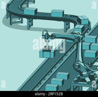Stylized vector illustration of automated factory conveyor line Stock Vector