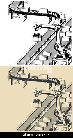 Stylized vector illustration of robotic factory conveyor line Stock Vector