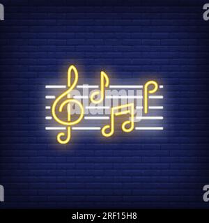 Musical notation with notes and treble clef neon sign Stock Vector