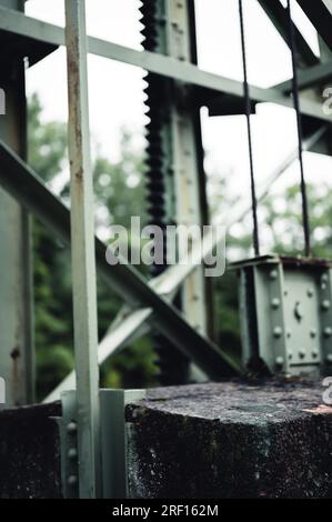 Counterweight of a lock and dam mechanical structure along the Erie Canal Trail outside of Rochester, NY Stock Photo