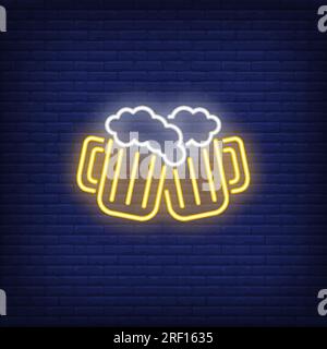 Two clinking beer mugs with foam neon sign Stock Vector