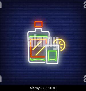 Tequila bottle and glass neon sign Stock Vector