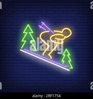 Person skiing downhill neon sign Stock Vector